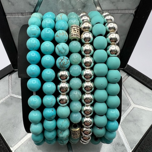 Turquoise Blue & Silver Buddha Bracelet Set -Stacked Bracelet Bead Bracelet Set - Picture 13 of 16